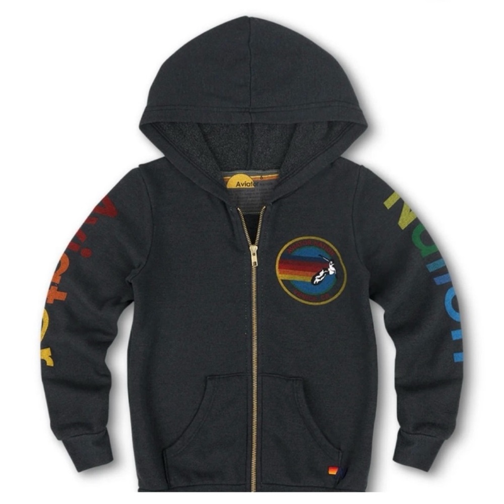 Aviator Nation Kids Charcoal Zip Hoodie with Rainbow Sleeve Graphics